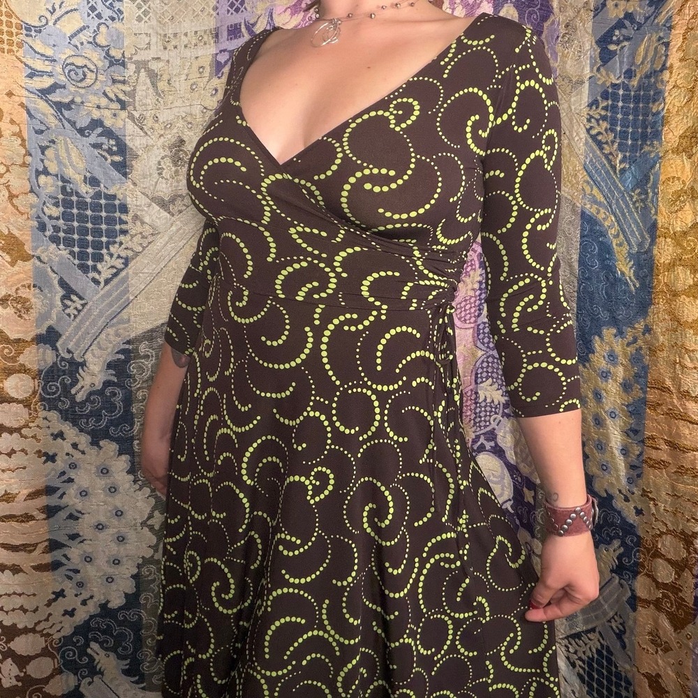 Brown Green Polka Dot Whimsy V Neck 3/4 Sleeve Cutesy Knee Length Dress Size XS
